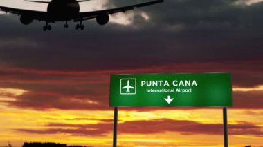 Uçak silueti Punta Cana, Dominik Cumhuriyeti 'ne indi. Havaalanı yön tabelasıyla ve arka planda gün batımıyla şehre vardık. Trip ve ulaşım konsepti 3D animasyon.