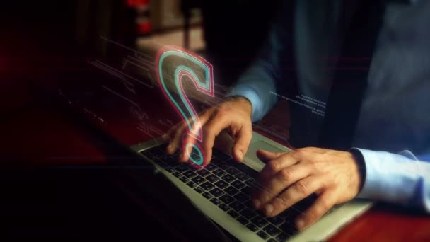 Człowiek Wpisujący Laptopie Znak Zapytania Ekran Hologramu Serca Klawiaturze Wiedza — Wideo stockowe