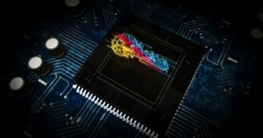 Siber güvenlik anahtarı gelecekteki hologram 3 boyutlu animasyon. Soyut veri şifreleme, bilgisayar koruması ve internet güvenliği dijital arka planı kavramı. Siber uzayda Cpu üzerinden uçuş.