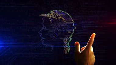 Yapay Zeka fütüristik 3D canlandırma. El parmağı ekrana dokunur ve siber uzaya girer. Siber teknolojinin soyut kavramı, makine öğrenimi ve sibernetik beyin.