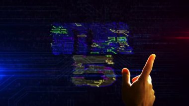 Html5 sembolü fütüristik 3D canlandırma. El parmağı ekrana dokunur ve siber uzaya girer. Programlama dili, yazılım ve internet teknolojisinin soyut kavramı.