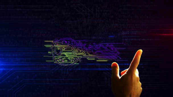 Cybersecurity Met Key Symbool Futuristische Rendering Animatie Hand Vinger Aanraken — Stockvideo