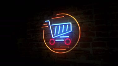 Tuğla duvarda alışveriş arabasının neon sembolü. Online pazarı, satışı, dükkanı, ticareti, iş yeri ve mağazası olan ampuller. Döngüsüz ve kusursuz animasyon.