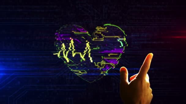 Ciber Corazón Pulso Símbolo Futurista Animación Renderizado Dedo Mano Toca — Vídeo de stock