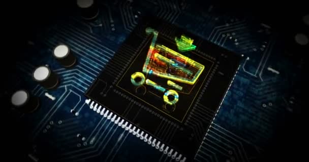 Panier symbole hologramme rendu 3D animation. Vol abstrait dans le cyberespace. Boutique en ligne, cyber entreprise, vente, achat, commerce, escompte et concept de boutique en ligne .