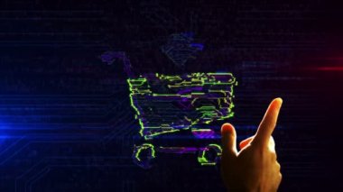 Alışveriş arabası sembolü fütüristik 3D canlandırma. El parmağı ekrana ve siber uzaya girişe dokunur. Çevrimiçi mağaza, siber iş, satış, satın alma, indirim ve internet mağazası gibi soyut kavramlar.