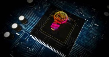 Ampul sembolü fütüristik hologram 3D animasyon içeren yeni bir fikir. Soyut yenilik kavramı, siber teknoloji ilham, yaratıcılık, başarı, icat ve dijital iş dünyası.