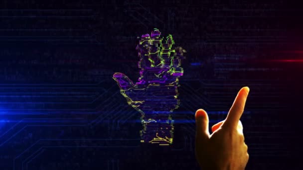 网络手未来主义进入网络空间动画未来主义3D渲染动画 手指触摸屏幕 网络空间技术 机器人 生物鉴别和自动化抽象概念 — 图库视频影像