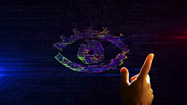 未来的な3Dレンダリングアニメーションへの目のシンボル未来的なエントリを持つサイバースパイ 指で画面に触れます サイバースパイ プライバシー抽象概念の違反 — ストック動画