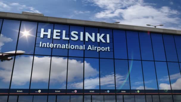 Helsinki Finlandiya Iniş Yapan Jet Uçakları Animasyonu Canlandırıyor Cam Havaalanı — Stok video