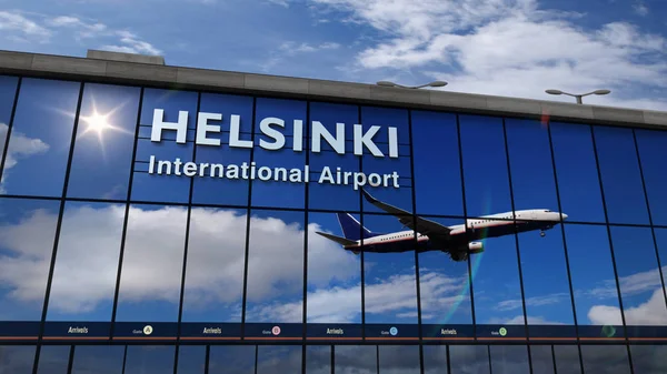 Avión aterrizando en Helsinki reflejado en la terminal — Foto de Stock