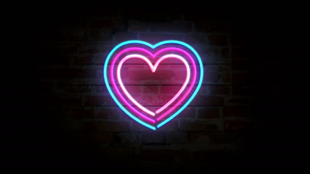 レンガの壁にハートシンボルネオンシンボル デート 心臓病 健康と感情を持つ電球 ループ可能でシームレスな抽象概念アニメーション — ストック動画