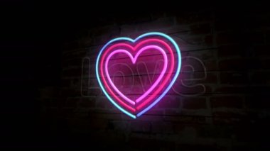 Tuğla duvardaki kalp ve aşk sembolü neon. Romantik ampuller, flörtler ve duygular. Soyut konsept animasyonu.
