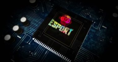 Oyun sembolü fütüristik hologram 3D animasyon ile Esport siber oyunları. Video oyunları turnuvası ve dijital arka planda dijital spor kavramı. Siber uzayda Cpu üzerinden uçuş.
