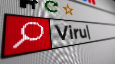 İnternette virüs koruması aranıyor. Bilgisayar, akıllı telefon ya da tablet üzerinden www tarayıcısına anahtar sözcük yazılıyor. Ekran görüntüsünü piksellerle kapat.
