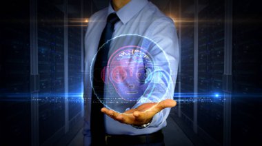 Businessman touch screen with esport cyber games symbol hologram