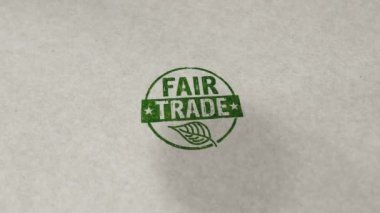 Adil ticaret damgası döngüye alınabilir ve kusursuz animasyon. El damgası darbesi. Etik iş, yeşil ticaret, sürdürülebilir ekonomi ve çevre bakımı 3D döngü kavramı.