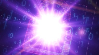 Asma kilit sembollü siber güvenlik 3D resimleme. Bilgisayar koruması ve internet güvenliği kavramı. Derin 3D perspektifte soyut ışık çizgisi sembolü.