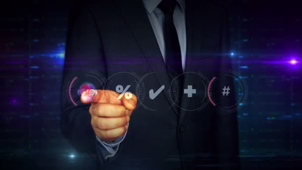 Affärsman Kostym Pekskärm Med Port Cyberspel Symbol Hologram Man Använder — Stockvideo