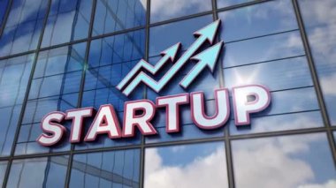 Startup tabelası cam bina. Modern cephede aynalı gökyüzü ve şehir. Yenilik, küçük işletme, yaratıcı teknoloji, dijital çözüm, otomatikleştirme fabrikası ve 3D canlandırma konsepti.