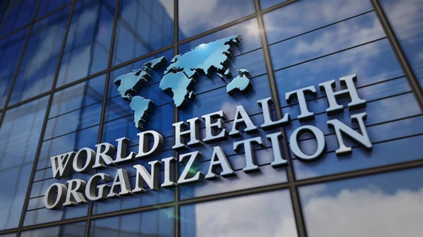 世界保健機関のガラスの建物 モダンなファサードに鏡のような空と街 3Dレンダリング図で誰が ウイルス ヘルプ 予防と医療の概念 — ストック写真