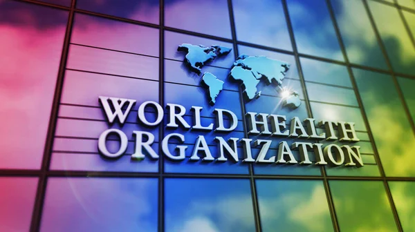 World Health Organization glass building. Mirrored sky and city on modern facade. WHO, emergency, healthcare, epidemic, virus, help, prevention and medical concept in 3D rendering illustration.