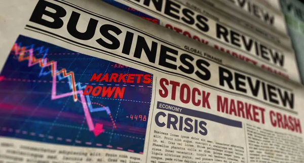 Business review newspapers with market crash printing and disseminating 3d illustration. Economy, crisis, stock, market collapse and financial panic retro media press production abstract concept.