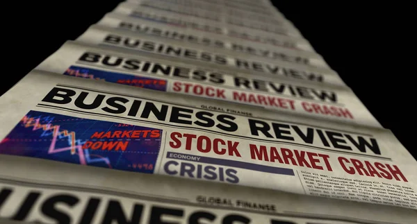 Business review newspapers with market crash printing and disseminating 3d illustration. Economy, crisis, stock, market collapse and financial panic retro media press production abstract concept.