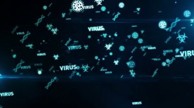 Virüs, koronavirüs, salgın, salgın, enfeksiyon, bilim, sağlık, covid-19 ve küresel uyarı sembolleri kusursuz 3d tünel animasyonu. Tıbbi teknolojinin soyut kavramı.