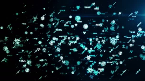 Virus, coronavirus, pandémie, épidémie virale, infection, science, santé, covide-19 et symboles de vol d'avertissement mondial loopable animation 3D transparente. Contexte conceptuel abstrait de la technologie médicale .