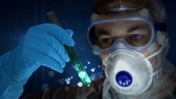 Scientist Mask Protection Glasses Test Tube Glove Hand Concept Science — Stock Video