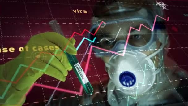 戴口罩 戴手套试管的病例和科学家数量增加 Covid 19疫苗搜索和病毒感染增长及全球病毒大流行警报的概念 — 图库视频影像