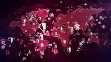 Sanal güvenlik, bilgisayar koruması ve dijital dünya haritasındaki çevrimsiz 3D animasyon sembolleri. Gelecekteki teknolojinin soyut kavramı, iş küreselleşmesi.
