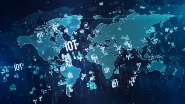 Comunicaciones Móviles Iot Símbolos Red Inalámbrica Digital Mapa Del Mundo — Vídeo de stock