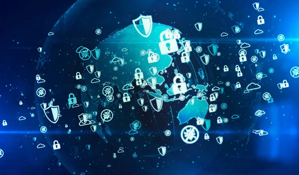 Cyber Védelem Számítógépes Védelem Digitális Biztonsági Szimbólumok Digitális Földgömb Illusztráció — Stock Fotó