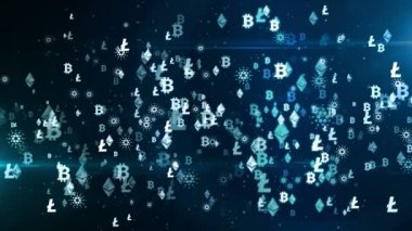 Bitcoin, ethereum, cardano ve litekoin kripto para birimi uçan semboller döngüye alınabilir ve kusursuz 3D animasyon. Gelecekteki finans ve engelleme teknolojisinin soyut kavramı dijital arkaplan.