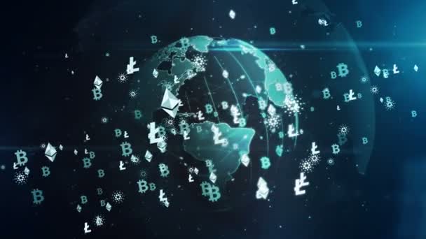 デジタル世界のループ可能なシームレスな3Dアニメーションを回転させる上で Bitcoin Ethereum カルダノ Litecoin暗号通貨マイニングシンボル 金融とブロックチェーン技術の概要概念の背景 — ストック動画