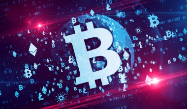 Bitcoin, ethereum, cardano ve litekoin kripto para birimi sembolleri dijital dünya 3d illüstrasyonunda. Gelecekteki finans ve engelleme teknolojisinin soyut kavramı.