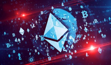 Bitcoin, ethereum, cardano ve litekoin kripto para birimi sembolleri dijital dünya 3d illüstrasyonunda. Gelecekteki finans ve engelleme teknolojisinin soyut kavramı.