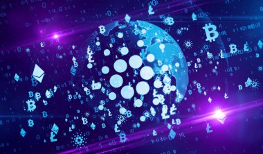 Bitcoin, ethereum, cardano ve litekoin kripto para birimi sembolleri dijital dünya 3d illüstrasyonunda. Gelecekteki finans ve engelleme teknolojisinin soyut kavramı.