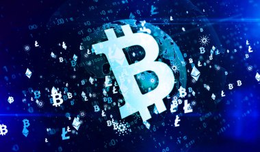 Bitcoin, ethereum, cardano ve litekoin kripto para birimi sembolleri dijital dünya 3d illüstrasyonunda. Gelecekteki finans ve engelleme teknolojisinin soyut kavramı.