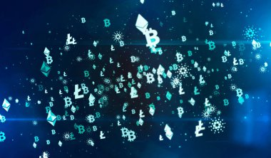 Bitcoin, ethereum, cardano ve litekoin kripto para birimi uçan semboller 3D illüstrasyon. Gelecekteki finans ve engelleme teknolojisinin soyut kavramı.