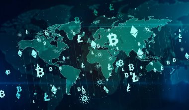 Bitcoin, ethereum, cardano ve litekoin kripto para birimi sembolleri dijital dünya 3d illüstrasyonunda. Gelecekteki finans ve engelleme teknolojisinin soyut kavramı.