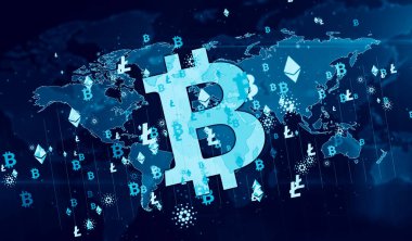 Bitcoin, ethereum, cardano ve litekoin kripto para birimi sembolleri dijital dünya 3d illüstrasyonunda. Gelecekteki finans ve engelleme teknolojisinin soyut kavramı.