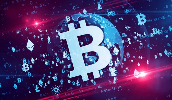 Bitcoin, ethereum, cardano ve litekoin kripto para birimi sembolleri dijital dünya 3d illüstrasyonunda. Gelecekteki finans ve engelleme teknolojisinin soyut kavramı.