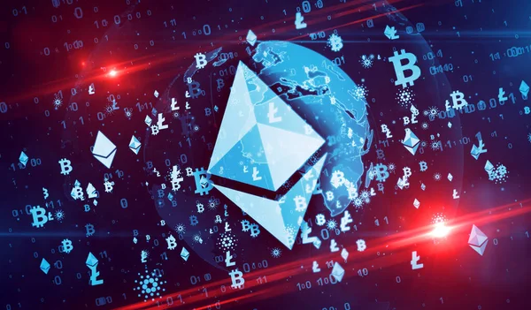 Bitcoin Ethereum Cardano Litecoin Cryptocurrency Mining Symbols Digital Globe Illustration — Stock Photo, Image