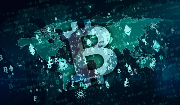 Bitcoin, ethereum, cardano ve litekoin kripto para birimi sembolleri dijital dünya 3d illüstrasyonunda. Gelecekteki finans ve engelleme teknolojisinin soyut kavramı.