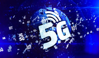 5g mobil iletişim, iot, veri iletimi, dijital dünya 3d illüstrasyonunda dijital kablosuz ağ sembolleri. Gelecekteki teknolojinin soyut kavramı, iş küreselleşmesi.