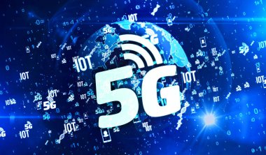 5g mobil iletişim, iot, veri iletimi, dijital dünya 3d illüstrasyonunda dijital kablosuz ağ sembolleri. Gelecekteki teknolojinin soyut kavramı, iş küreselleşmesi.