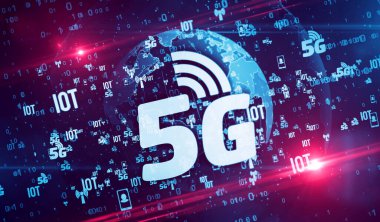 5g mobil iletişim, iot, veri iletimi, dijital dünya 3d illüstrasyonunda dijital kablosuz ağ sembolleri. Gelecekteki teknolojinin soyut kavramı, iş küreselleşmesi.